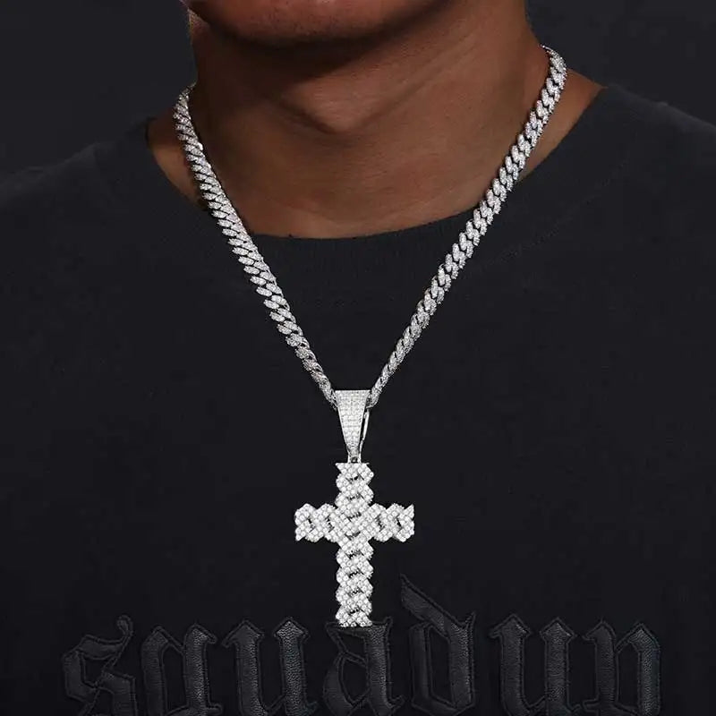 Classic Cross 14mm Cuban Link Necklace Men Mossanite